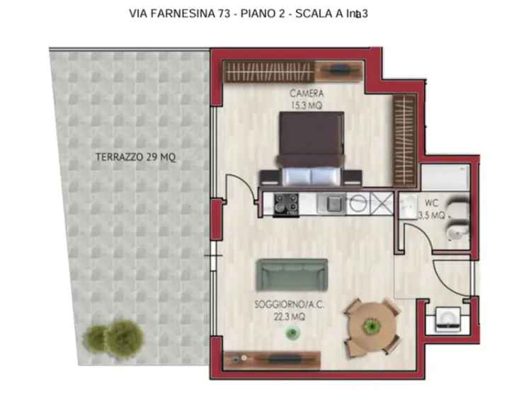 Appartamento in Via della Farnesina, Roma, 1 bagno, 56 m², 2° piano